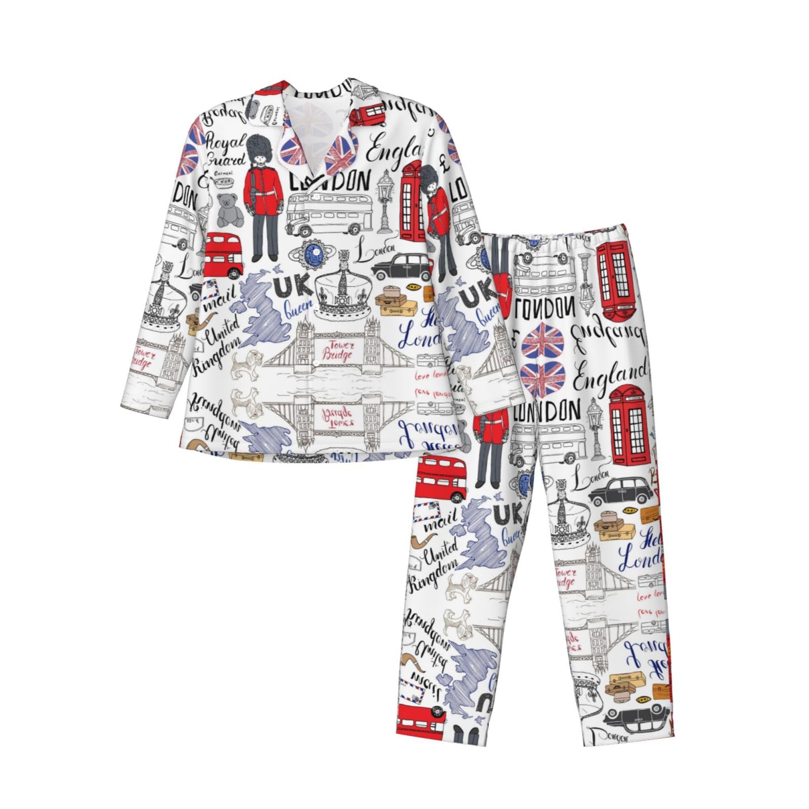 Aseelo Men's I Love London Long-Sleeved Pajama Set Long Sleeve Top And Bottoms Pyjamas Comfortable And Breathable Nightwear Pjs 2XL