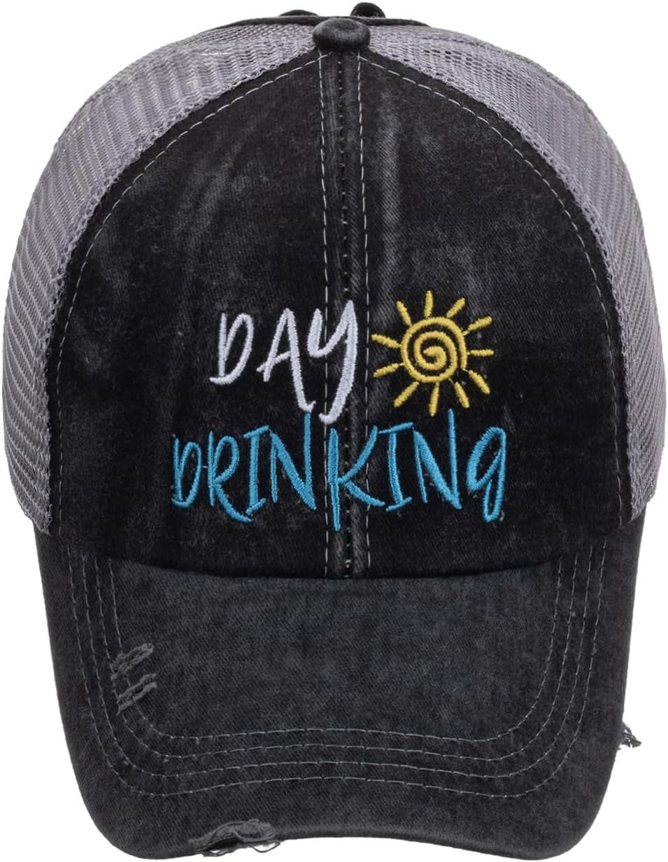 Billed Hat Day Drinking Ponytail Cap Sayings Ponycap Mesh Trucker Hat Safe CCC Distressed Baseball Hat for Dad Hat Gift (Black) - Image 2