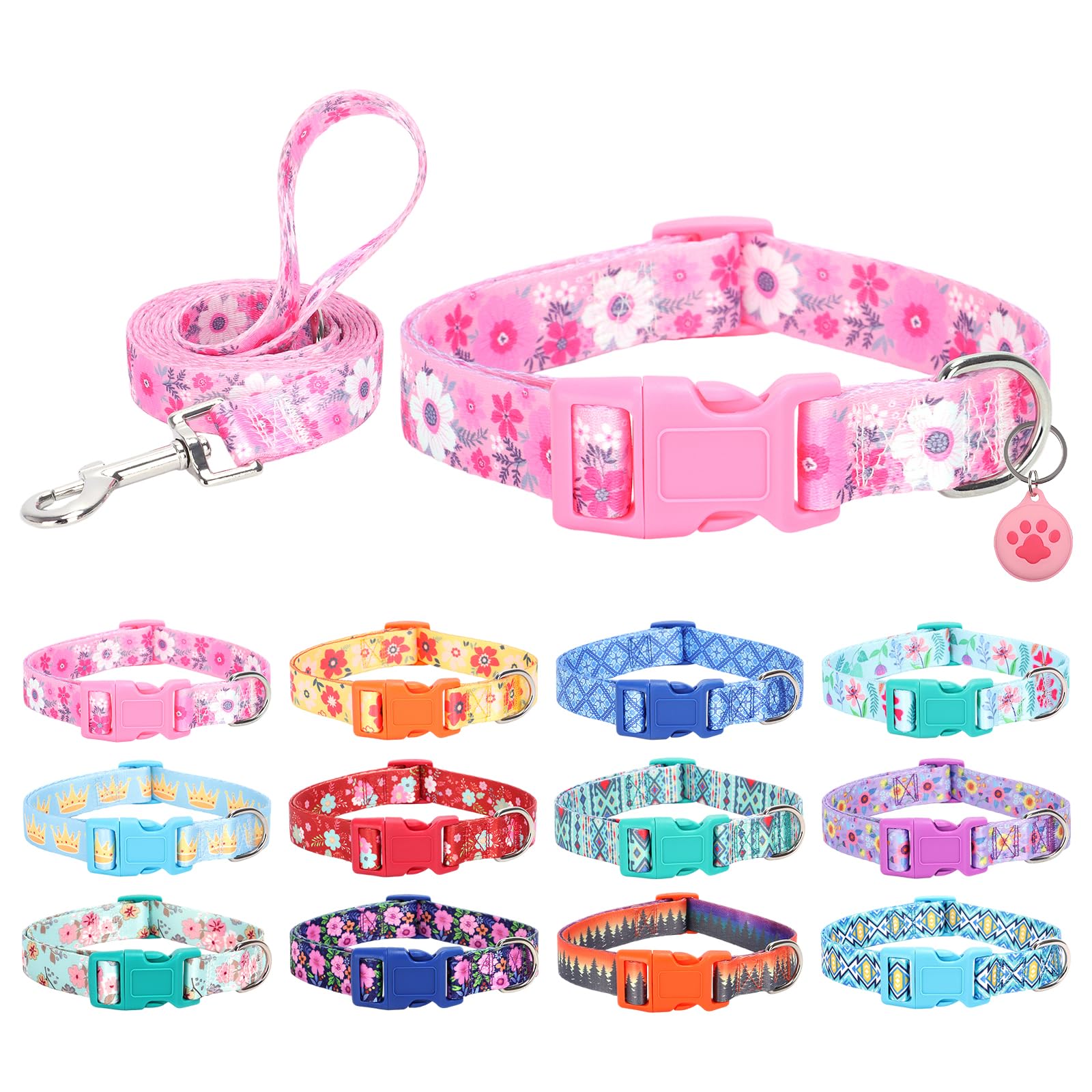 SLZZ Dog Collar with Leash Airtag Holder Case Set - Dog Collars for Male Female Boy Girl Puppy X-Small Small Medium Large Dogs Walking Running