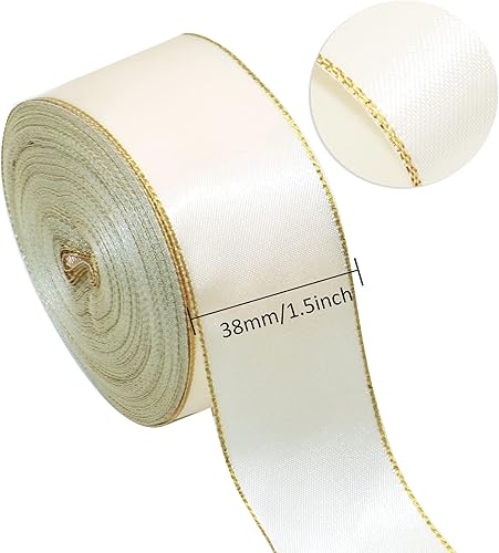 Miniatura 2 de David accessories Cinta de satén blanca antigua con bordes dorados de 1.5 pulgadas de ancho, 20 yardas, cintas de tela con borde dorado para