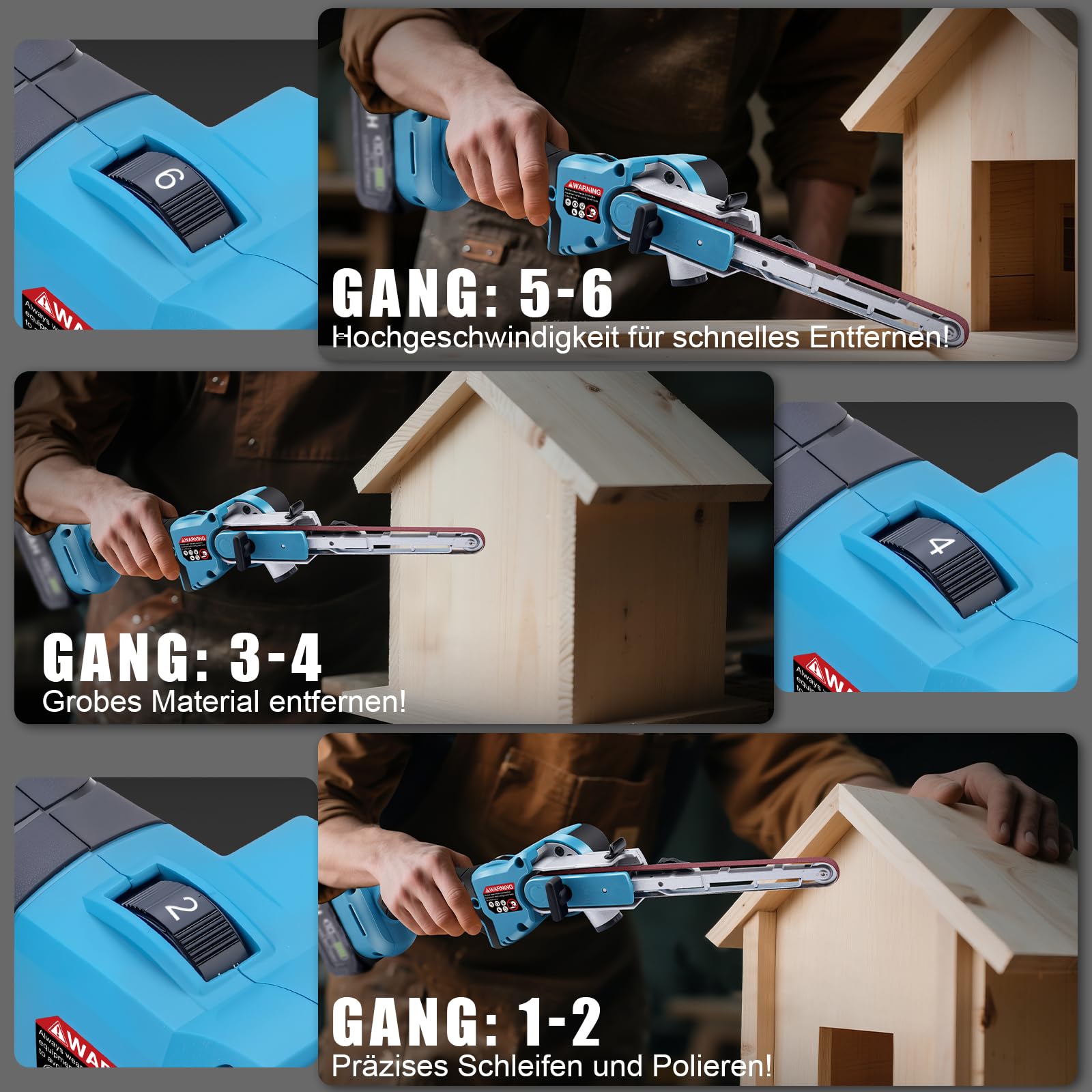 Akku Bandschleifer Kompatibel mit Makita 18V, Bürstenloser Akku-Bandfeile mit Schleifarme 9 mm und 13 mm inkl. 16x Schleifbänder, 6 Geschwindigkeiten, 100° Einstellbare Feilenschleifer (ohne Akku)