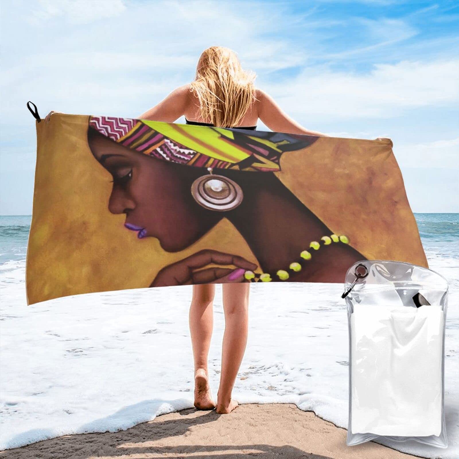 Lawenp African Women Microfiber Beach Towel Adults Large Quick Drying Bath Towel Travel Towels with Pouch 31.5"x63"