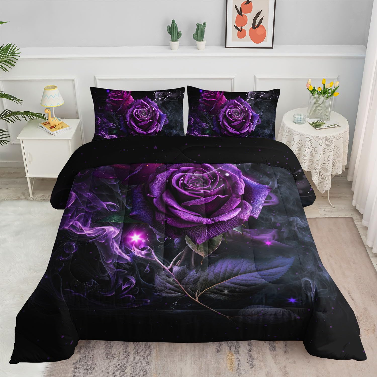 Datura home Kids Comforter Set Purple Rose Printed Pattern Bedding Set with 1 Comforter and 2 Pillowcases for Girls Boys Bedroom All Season(Rose Queen)