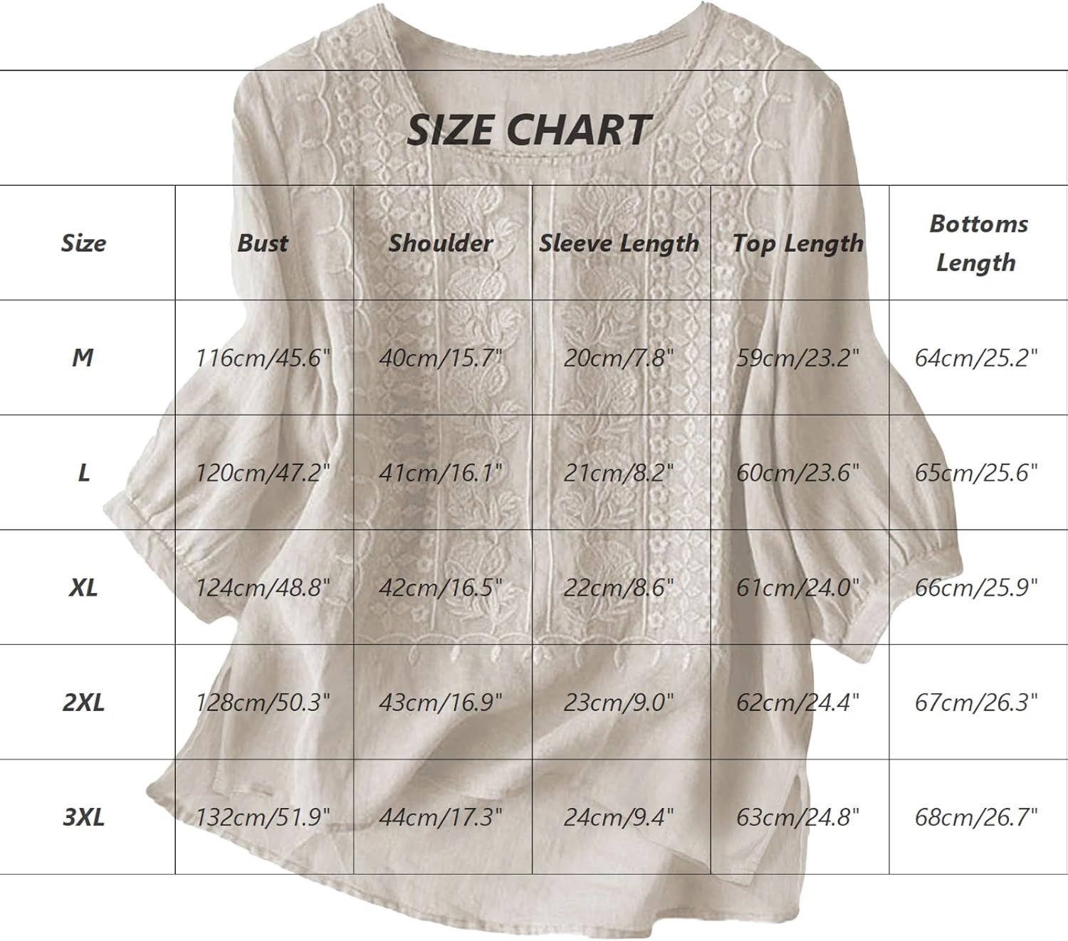 Linen Shirts for Women Summer Crew Neck Embroidered 3/4 Sleeve Boho Tops Dressy Casual Blouses Loose Tunics