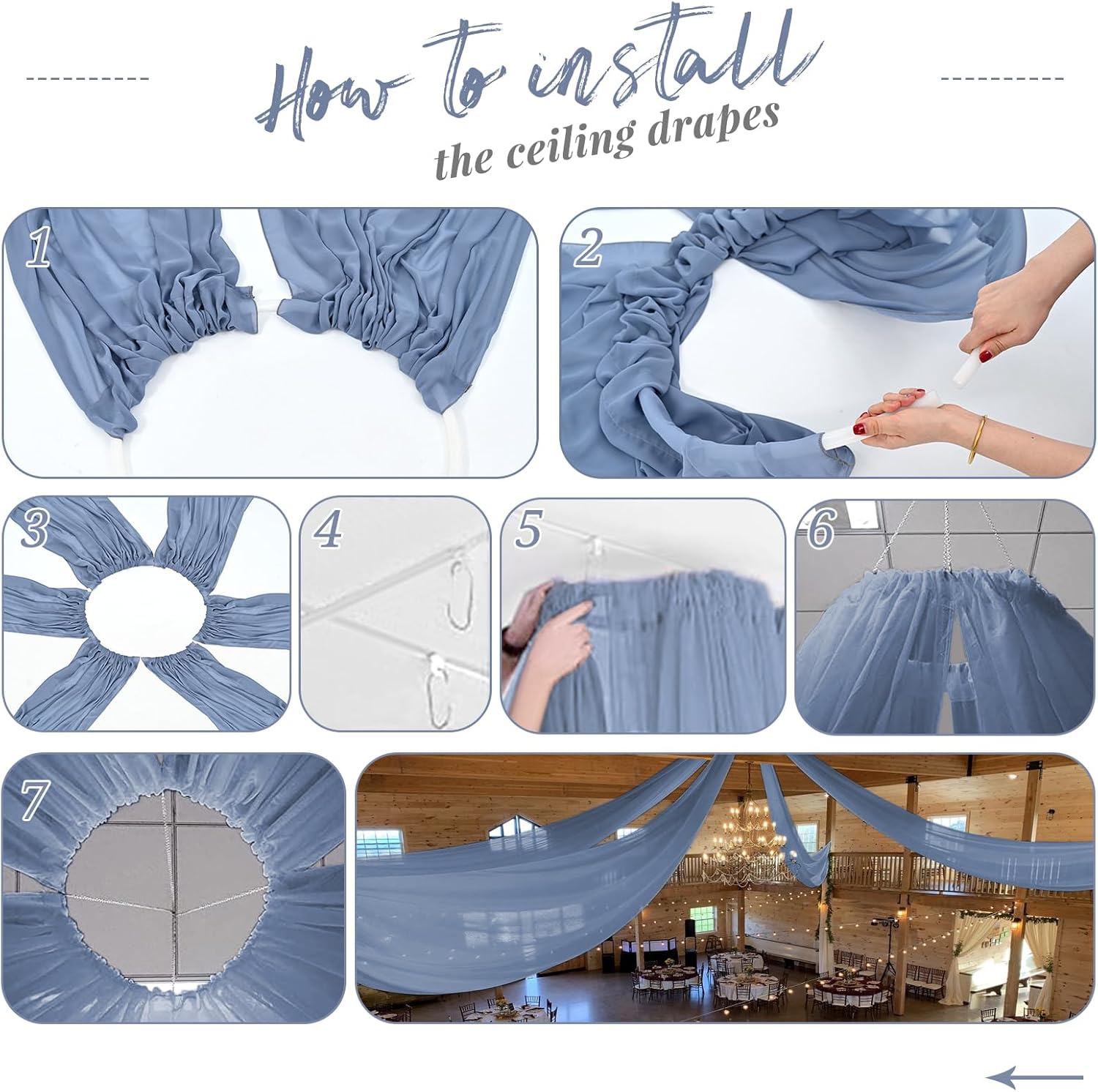 10 Panels Dusty Blue Ceiling Drapes - 5ftx20ft Wedding Arch Draping Fabric Sheer Curtains Chiffon Drapery for Party Ceremony Stage Swag