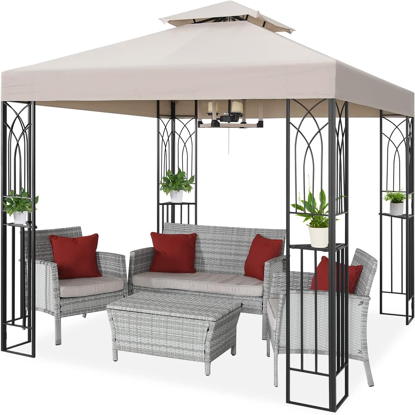 COOS BAY 8x8 Patio Gazebo with Corner Shelves, Two Tier Soft Top Canopy with UV Protection for Backyard, Garden, Lawn, Outdoor Events, Beige
