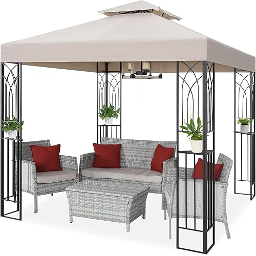 COOS BAY - Gazebo de patio para exteriores de 8x8 pies con estantes en las esquinas, toldo de dos niveles con parte superior suave para patio