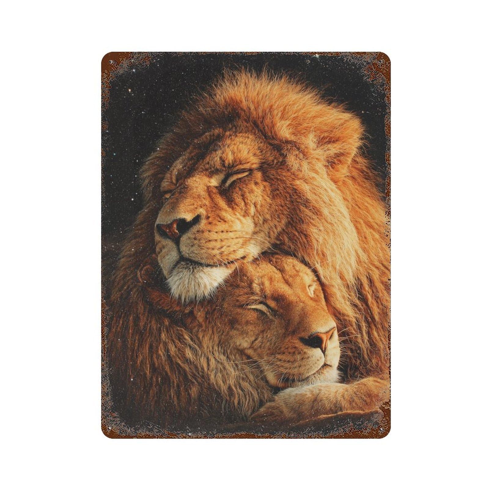 Sleeping Lions in Starry Sky 15.7"x11.8" Weathered Tin Sign, Rustic Home Decor for Living Room, Hallway And Home Decor