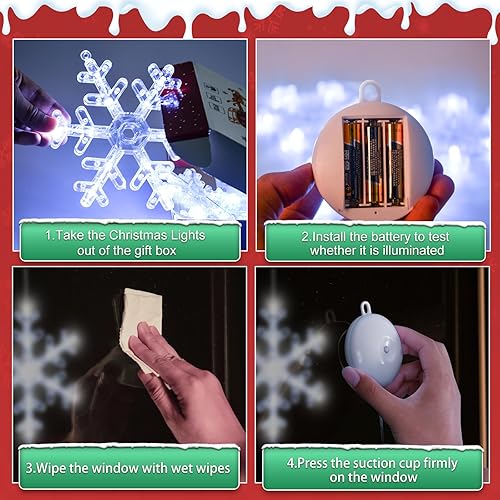 Miniatura 7 de Paquete de 5 luces de Navidad para ventana con temporizador, funciona con pilas, luces blancas iluminadas con forma de copo de nieve LED para árbol
