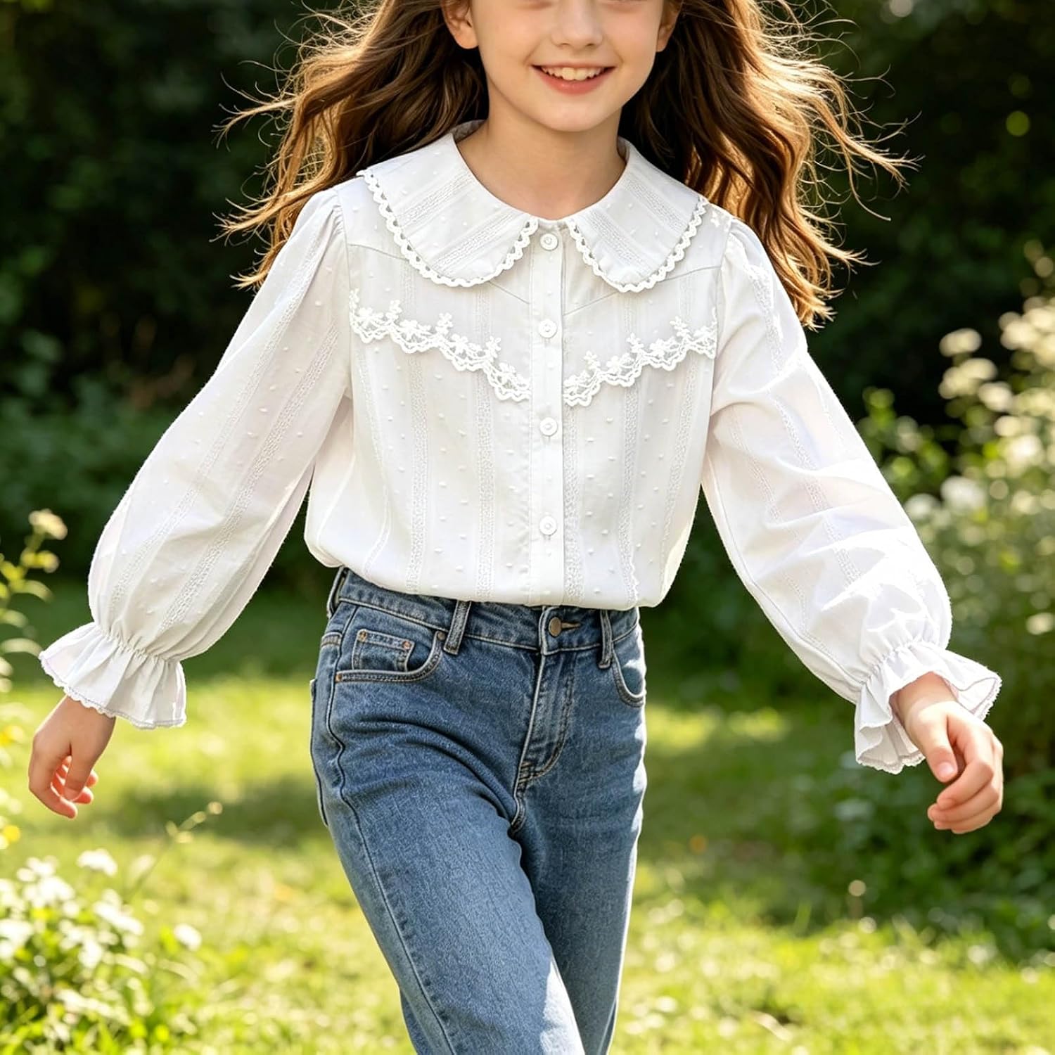 Girls Shirts Uniform Ruffle Long Sleeve Blouses Peter Pan Collar School Shirt for Kids Cute Fall Tops