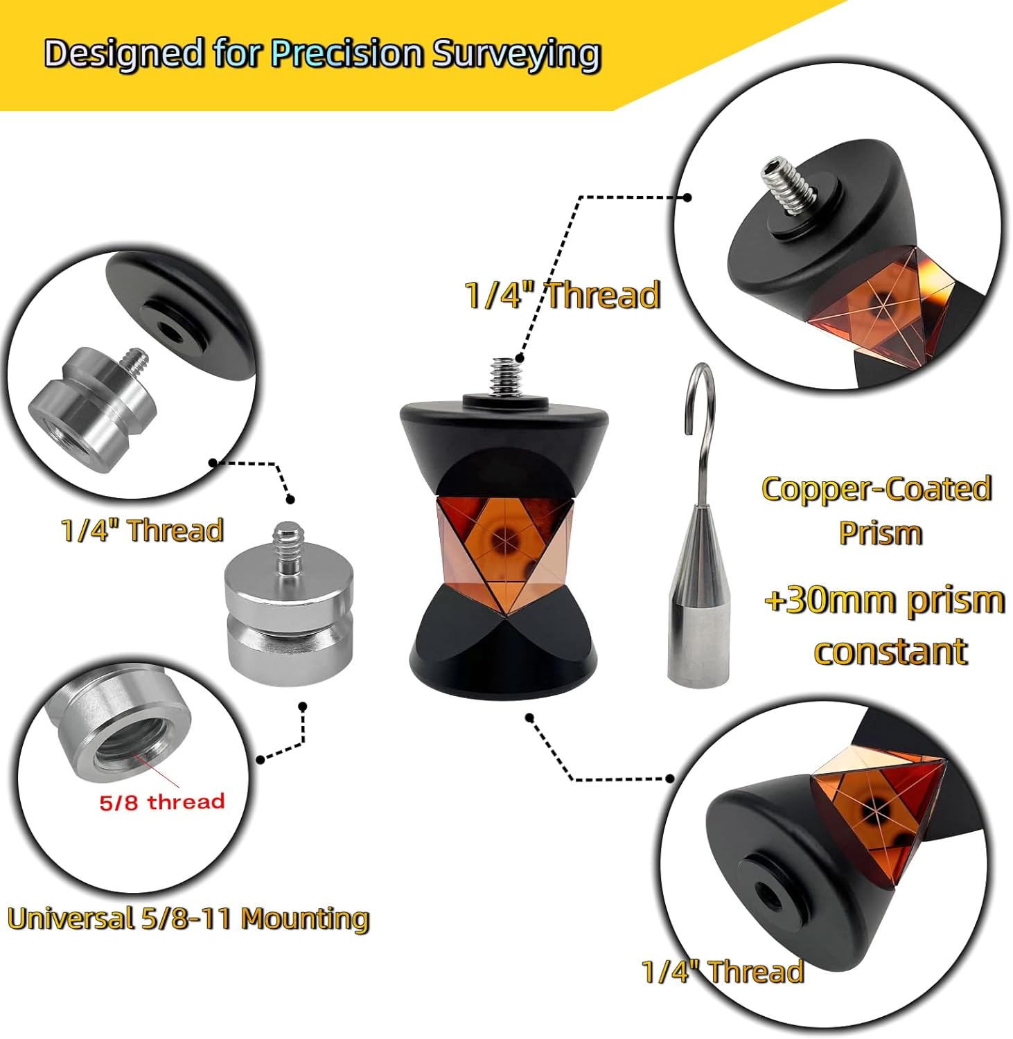360° Mini Monitoring Prism GRZ101 Replacement with Hook & 5/8"-11 Adapter, Copper Coated Total Station Reflector +30mm Constant Swiss Type Survey Prism