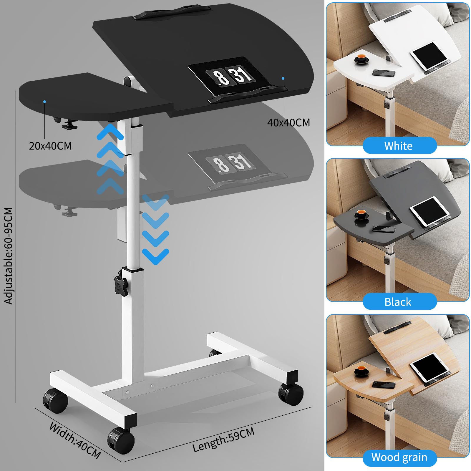 Tavolino regolabile per laptop con scrivania inclinabile, ruote e cestino portaoggetti rimovibile, per casa, ufficio, studio, lettura e recupero, 65-95 cm, nero