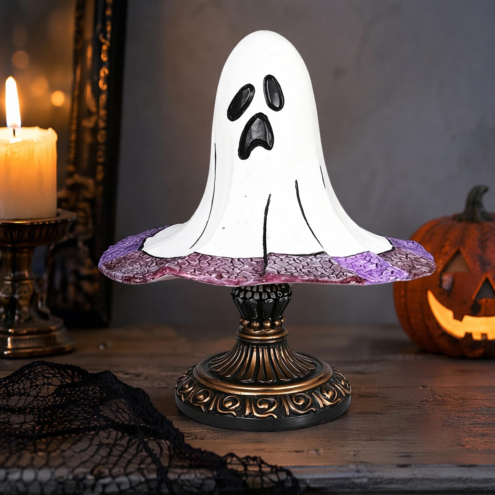 Stained Glass Halloween Pumpkin Table Lamp, Gothic Witch Hat Night Light