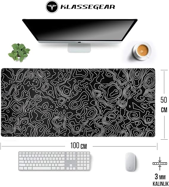 Klasse Pro - 4 Farklı Model Dikişli Kenar 100x50 cm Oyuncu Gaming Mouse Pad (Black Map Lines)