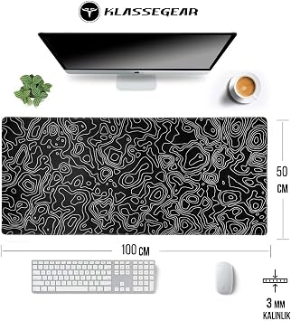 Klasse Pro - 4 Farklı Model Dikişli Kenar 100x50 cm Oyuncu Gaming Mouse Pad (Black Map Lines)
