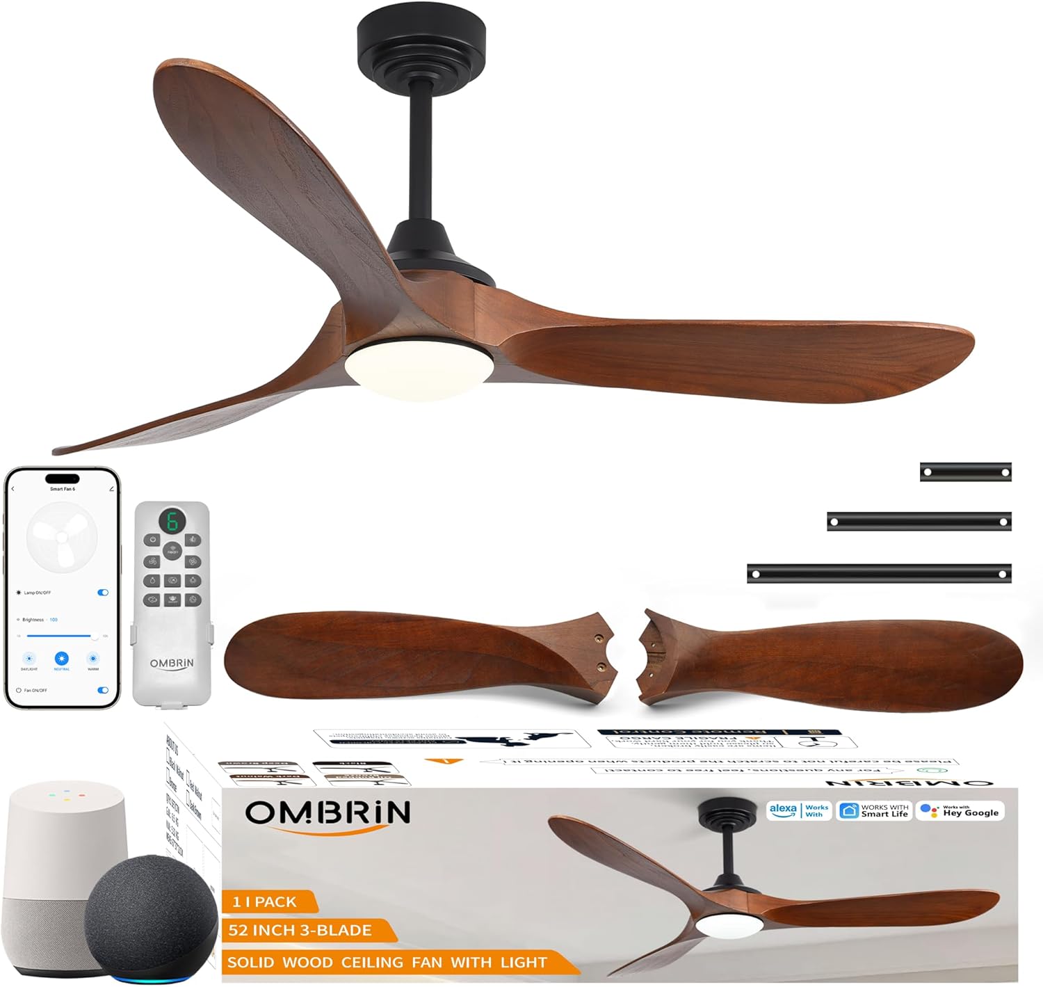 52 Inch Smart Ceiling Fan with Lights,3 Wood Blades,6 Speeds Noiseless Reversible DC Motor,Dimmable Color,Alexa/Google,Dark Walnut Ceiling Fan for Bedroom Living Room Farmhouse