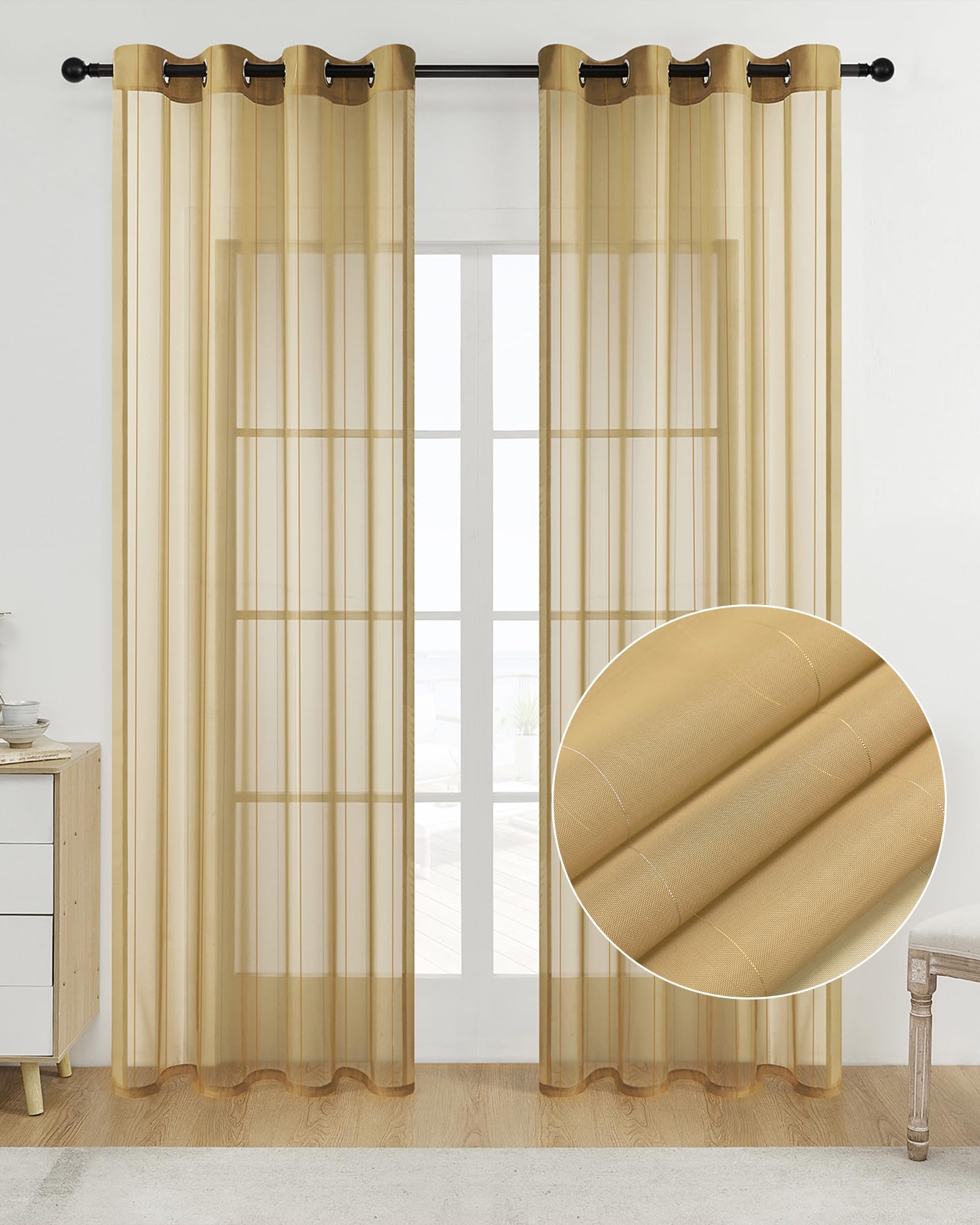 Foil Stripe Gold Sheer Curtains 84 inches Length 2 Panels with Grommets 52 inches Widith, Semi Transparant Curtains for Living Room and Multiple Rooms, Light Filtering Window Treatment
