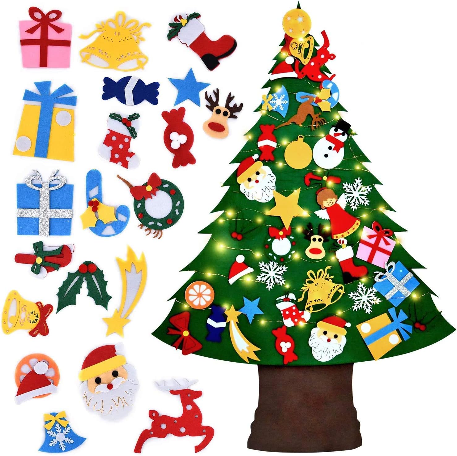 Felt Christmas Tree Set with 35 Pcs Detachable Ornaments Wall Hanging Decor&16ft 50LED String Light, DIY Wall Christmas Tree for Kids Toddlers Christmas New Year Xmas Gifts Christmas Decorations