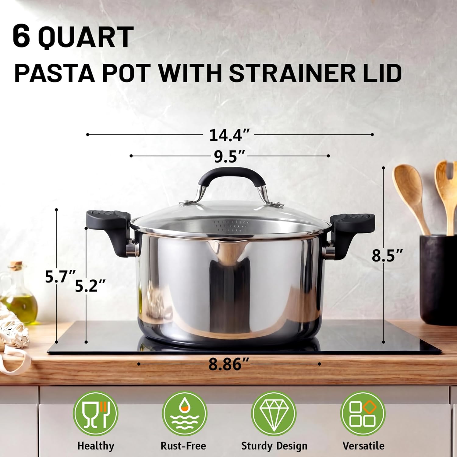 E-far Pasta Pot with Strainer Lid, 6 Quart Tri-Ply Stainless Steel Stock Pot & Push and Lock Handles, Non-toxic Multipurpose Cooking Pot for All Cooktops, Heavy Duty & Dishwasher Safe - Image 2