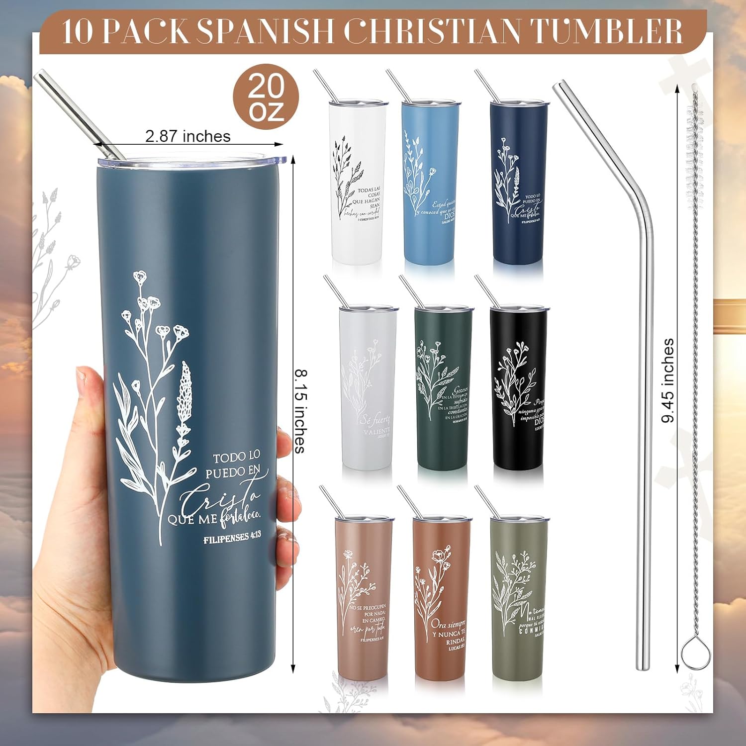 Patelai 10 Pcs Christian Valentine Gifts Spanish Christian Tumblers Bulk for Church Women Men, 20oz Bible Verse Cups with Lids and Straw Religious Coffee Mugs Sunday School Teachers - Image 2
