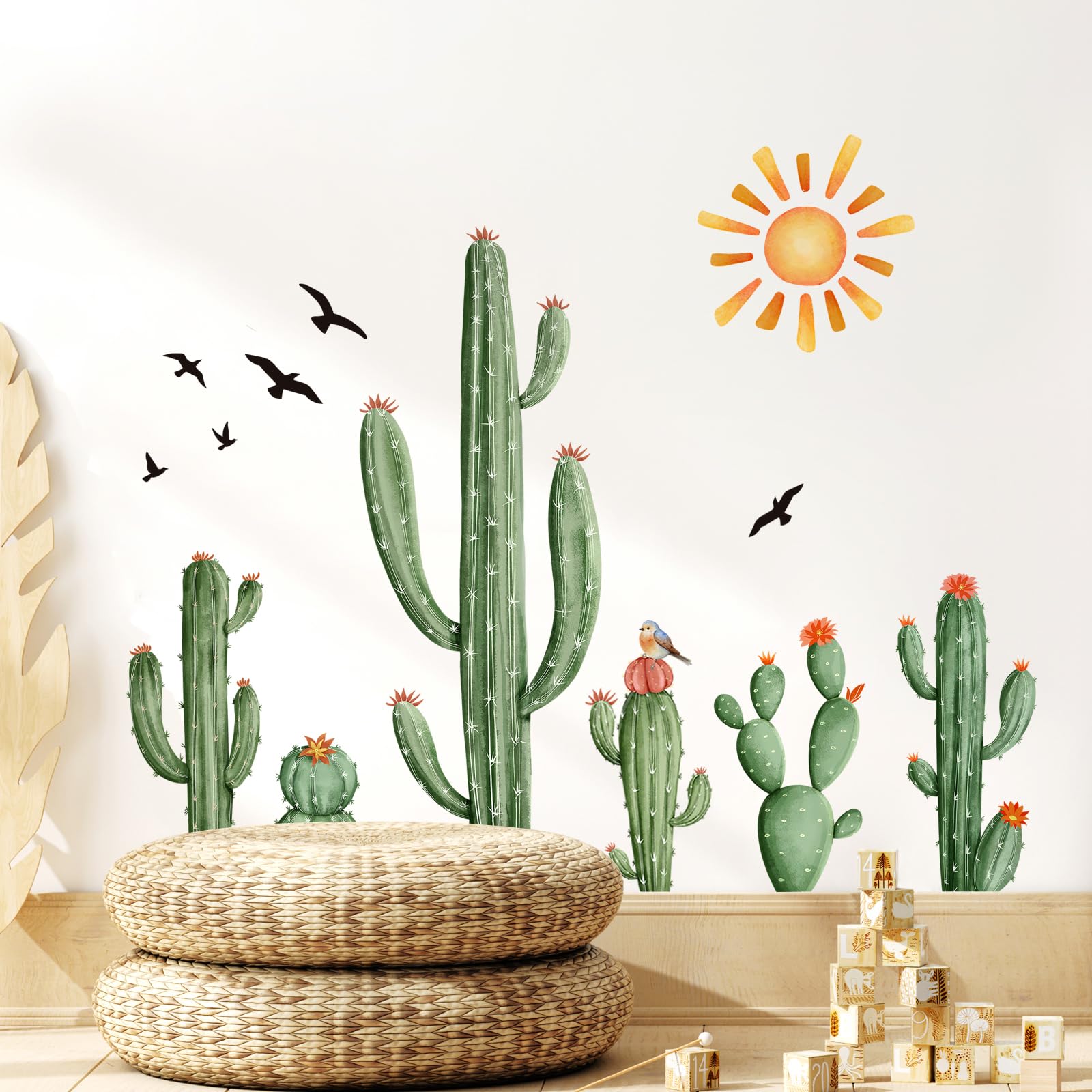 Supzone Cactus Wall Decals Tropical Green Plants Boho Cactus Wall Stickers Peel and Stick Vinyl with Sun Birds Cacti Art Decor for Baby Boy Kids Grils Nursery Living Room Bedroom Office Gifts for Mom