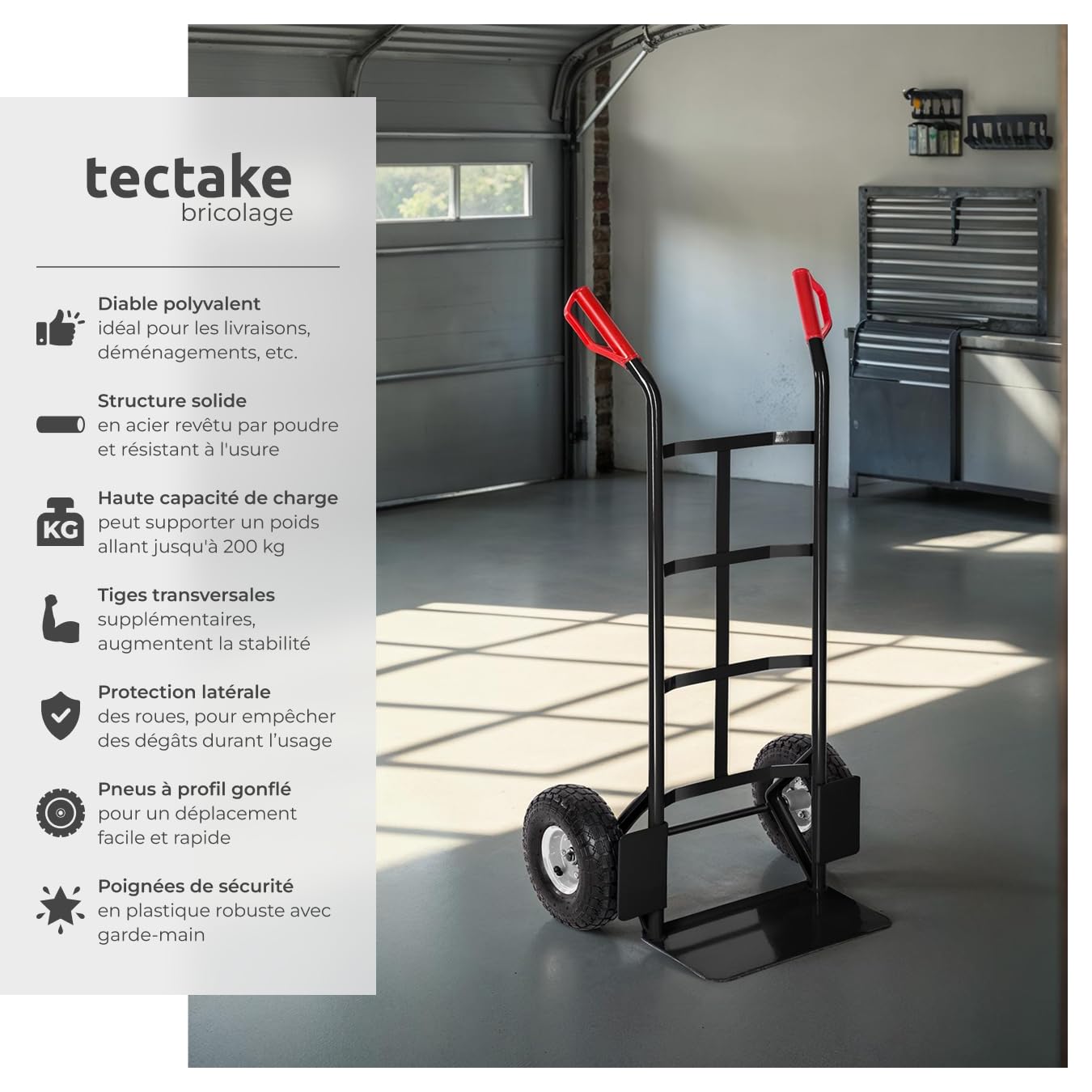 tectake® Diable Chariot de Transport Max. 200kg Pneus Tout Terrain Solides Diable demenagement escalier manutention Kit déménagement pour Maison Bureau Salon Professionnel Voyages