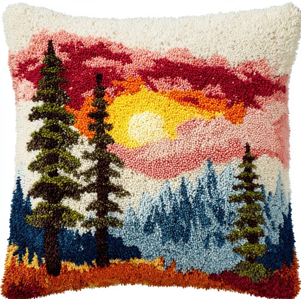FWRTYCB 3D Pillow Latch Hook Embroidery Kits Sunset Mountain Tree Cushion