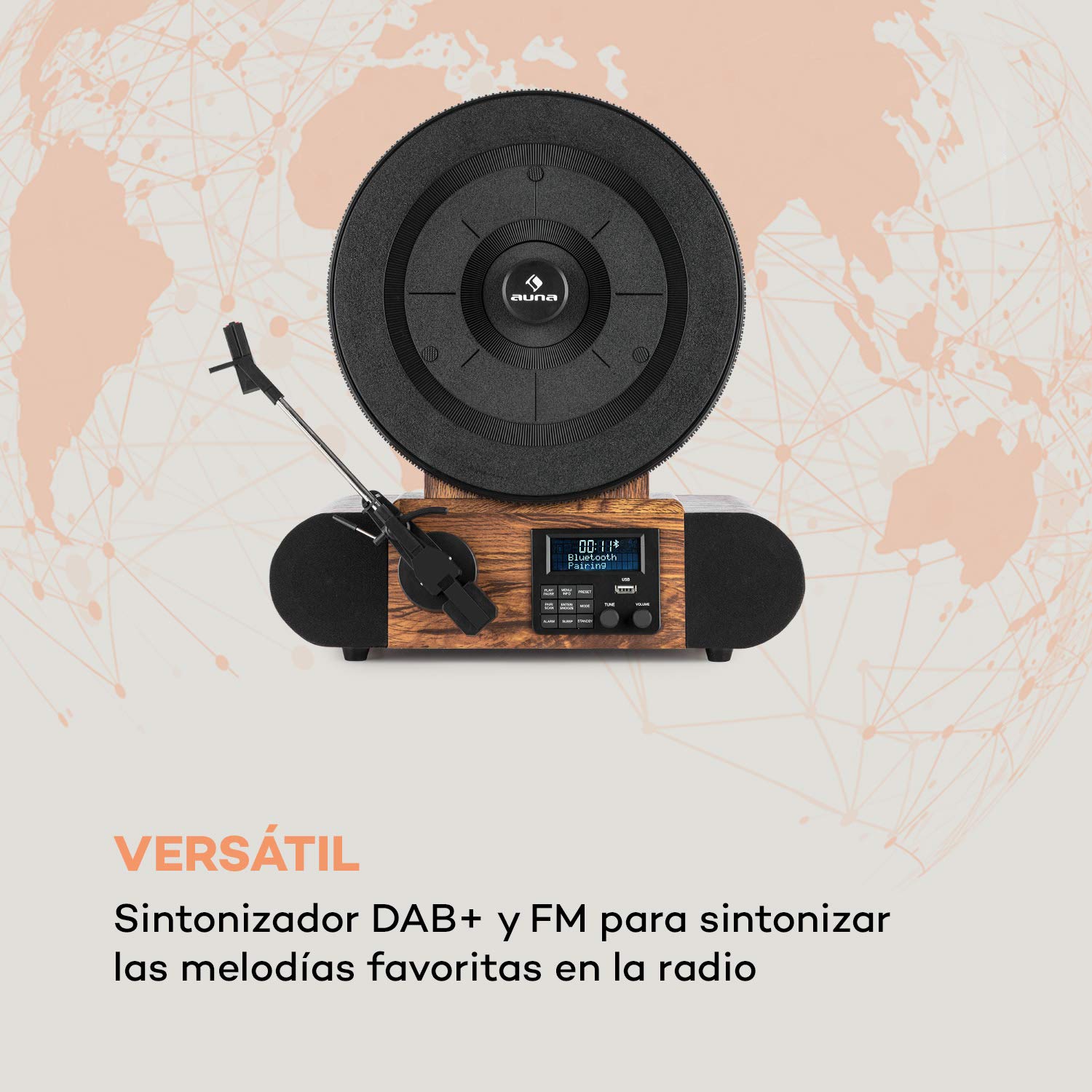 auna Verticalo SE - Reproductor de Vinilo, Tocadiscos con Altavoces estéreo, Tocadiscos de Vinilo con Bluetooth, Reproducción: 33, 45 y 78 RPM, USB, MP3, Entrada de línea, Sintonizador Dab+, Madera