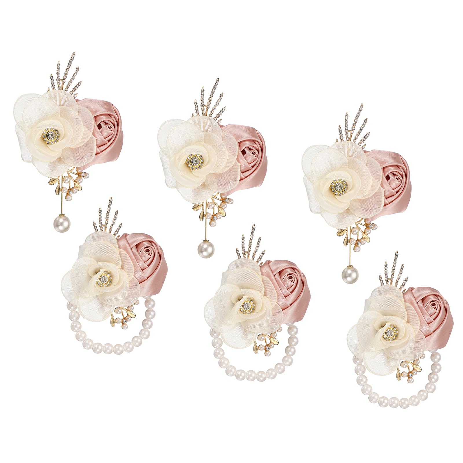 sourcing map Wrist Corsage and Boutonnieres Set, 3 Set Corsage Wristlet and Mens Boutonnieres Artificial Silk Rose for Wedding Groom Bride Suit Accessories Formal Events, Champagne