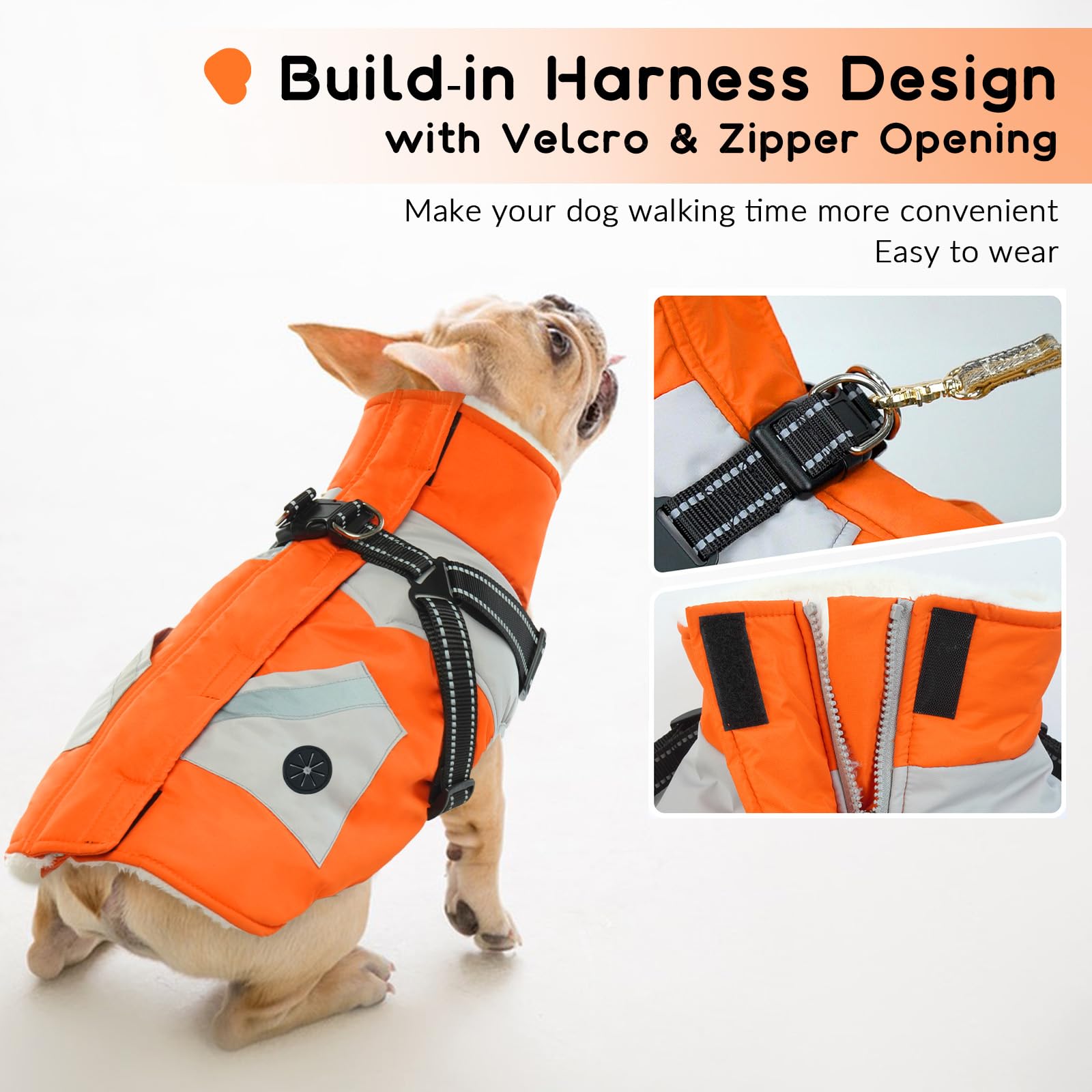 Giacca Impermeabile per Cani, Cappotto per Cani Caldo Inverno Giacca Cani Antivento con Imbracatura Cappotto Neve Cane Gilet Pile Cuccioli Regolabile(Arancione, 2XL)
