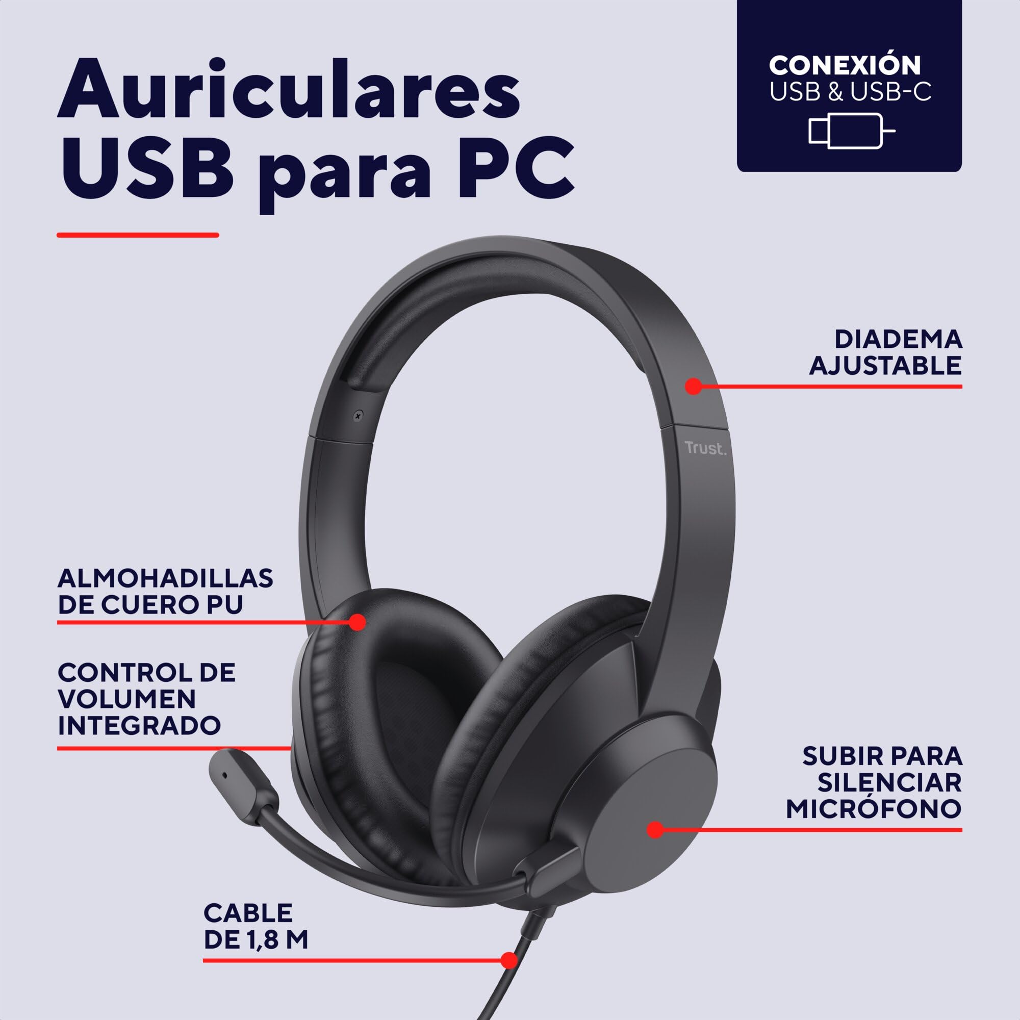 Trust Roha II MAX USB Auriculares con Micrófono PC Over Ear, Cable de 1,8 m, 85% Plástico Reciclado, Cascos USB-C per Oficina Ordenador Portátil Laptop Mac Zoom Teams, Negro