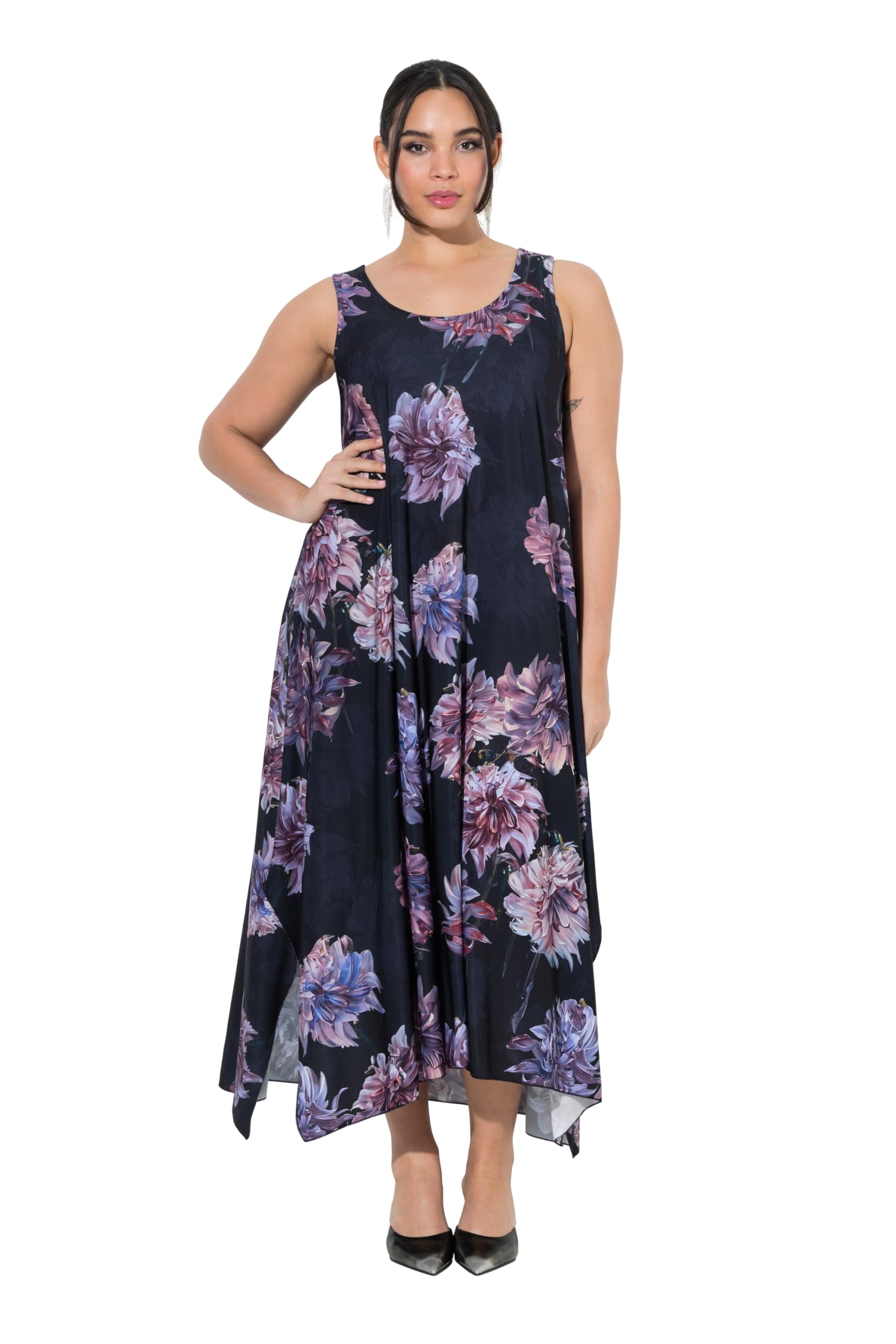 Ulla Popken Damen große Größen Übergrößen Plus Size Midikleid, Blüten, Rundhals, ärmellos 848190