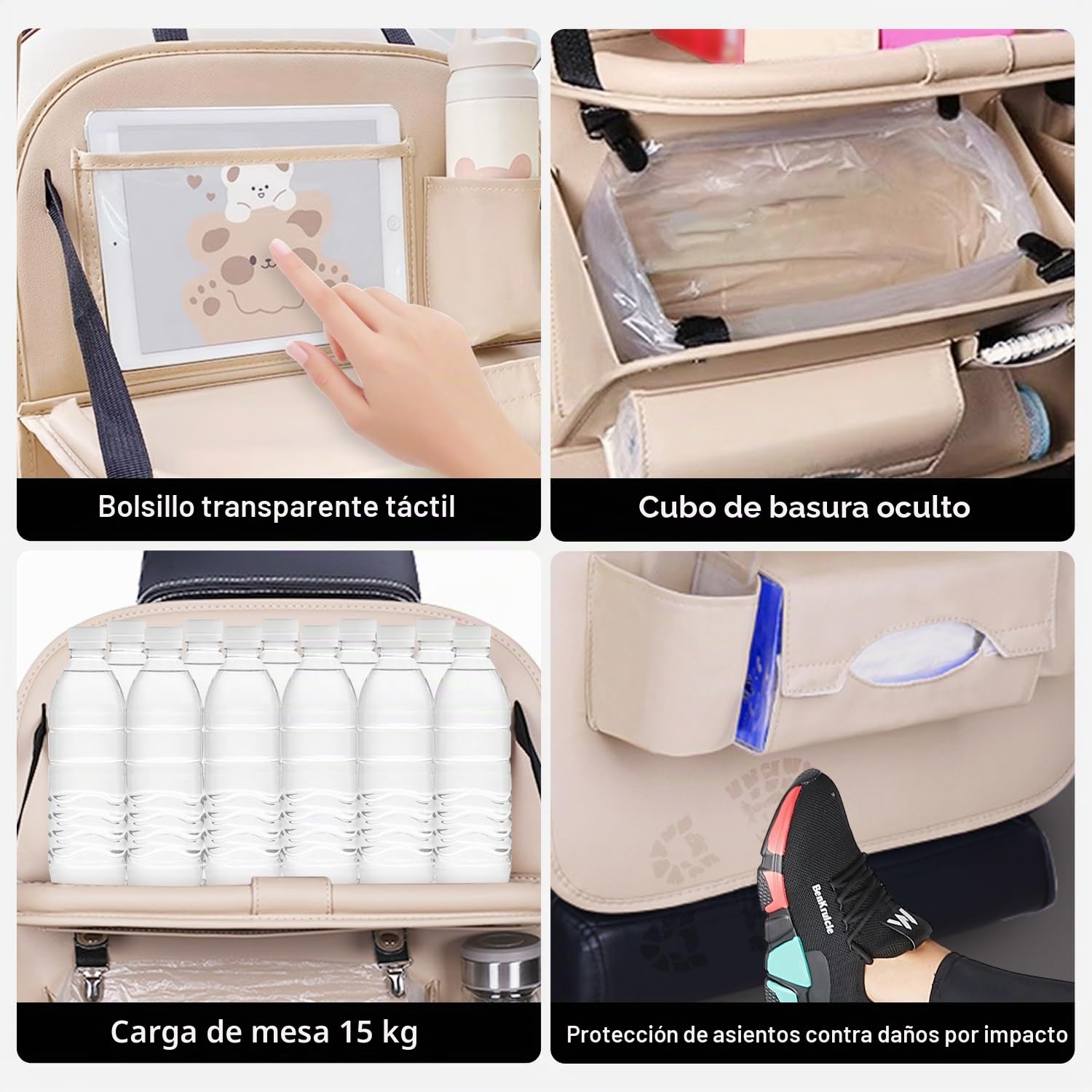 2 pzs Organizador de Asiento de Coche, Protector de Asiento Trasero de Coche, PU Impermeable Anti Calcio Multifuncional, con Compartimento Plegable para Tablet, 8 Bolsillos, Beige