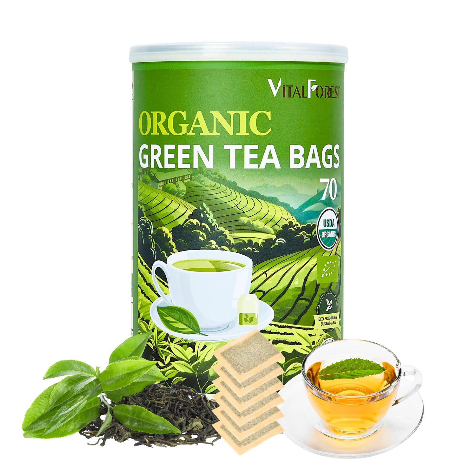 Organic Green Tea Bags| 70 Count VitalForest Unbleached ECO-Conscious Chinese Green Tea Packets| Te Verde Organico Natural Premium Real China Herbal Tea