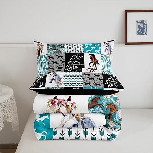 Miniatura 6 de Ropa de Cama de Caballos, Juego de Edredón de Caballo de Granja Occidental para Niñas Cama Individual, Edredón Bohemio con Flechas Rayas de Cebra