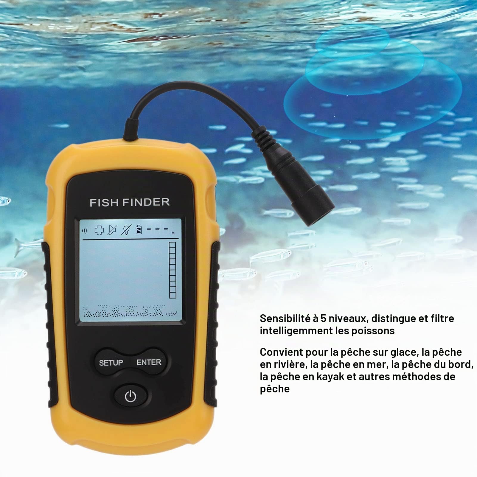détecteur de poisson portable,Détecteur de profondeur de poisson portable, équipement de pêche pour bateau de kayak sur glace, sondeur sous-marin intelligent avec sonde pour la pêche en rivière