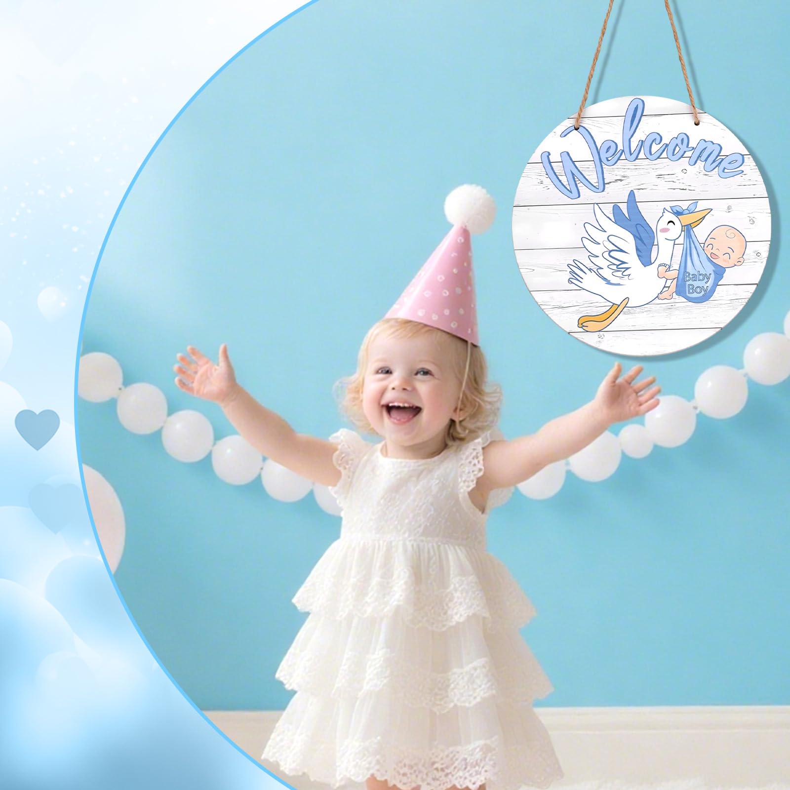 Tabliczka Powitalna dla Dziecka, Wiszący Drewniany Wieniec z Płci Dziecka Tablica Informacyjna o Narodzinach Noworodka Wystrój Pokoju Dziecięcego na Baby Shower (Chłopiec, Niebieski)