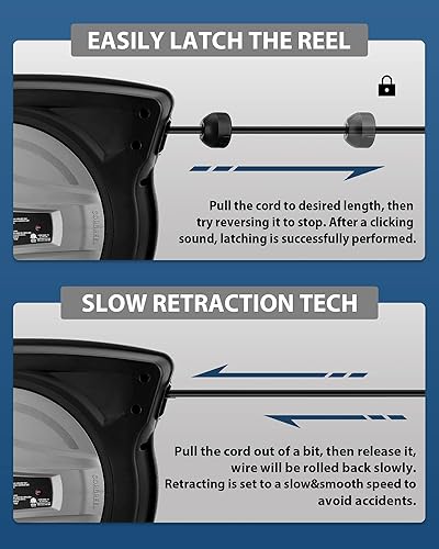 Miniatura 4 de Cecarol Carrete de cable de extensión 14AWG3C SJTOW de 50 pies con triple grifo, 13A125V1625W, tecnología de retracción lenta, disyuntor, indicador