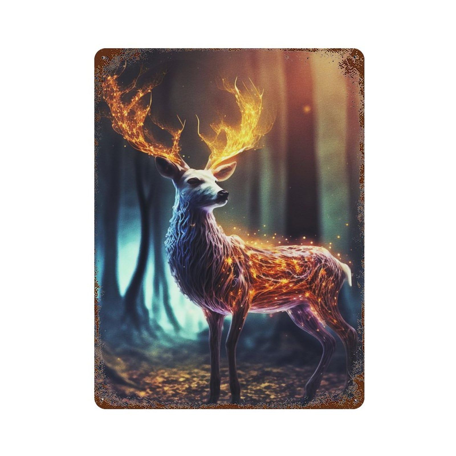 Mystical Deer in Forest Vintage Metal Tin Sign 15.7"x11.8", for Cafe, Home Bar And Lounge Decor, Vintage Wall Decor