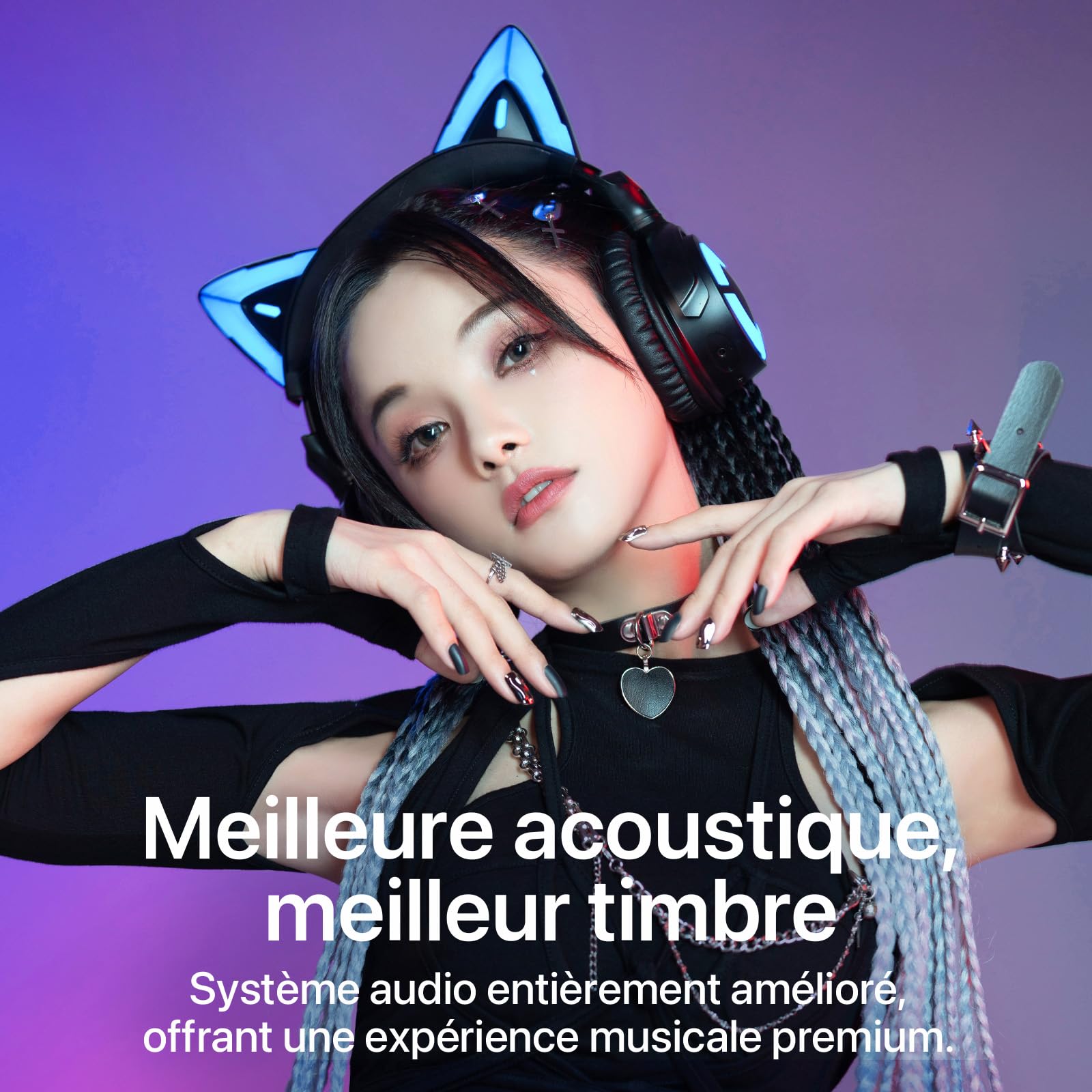 YOWU Casque de Jeu RGB Cat Ear 4, sans Fil et Filaire amélioré avec Microphone HD Amovible – Réduction du Bruit, stéréo Double Canal et éclairage et Effet Personnalisables Via l'application (Noir)