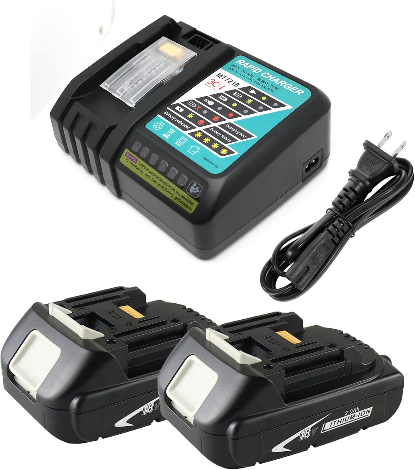 VOLT1799 Cargador de repuesto 6.5A DC18RC y 2 Piezas BL1820B 18V 2Ah Batería de Repuesto para Batería Makita 18V BL1860B BL1860 BL1850 BL1845 BL1840B BL1840 BL1835 BL1830B BL1830