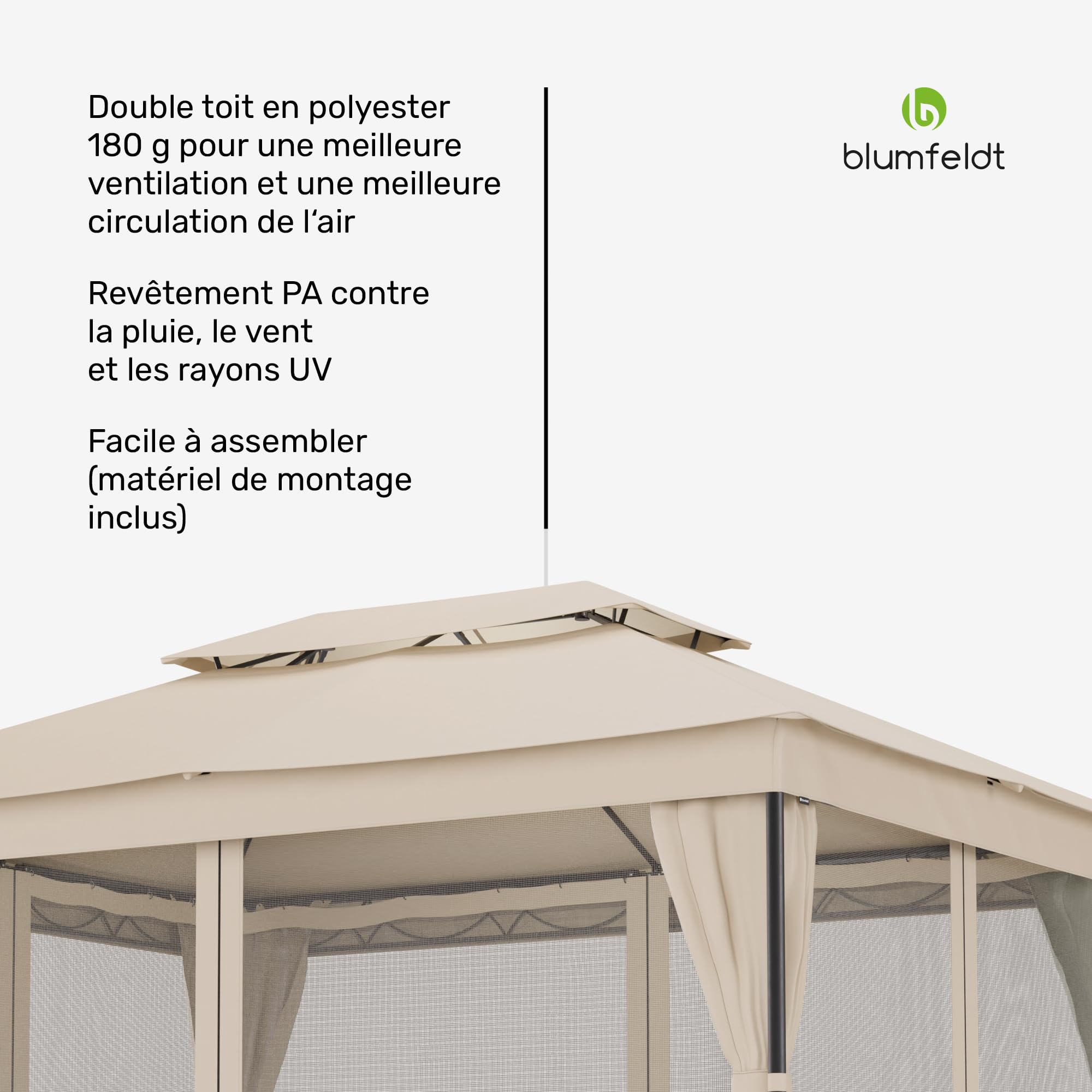 blumfeldt Mondo Dual Tonnelle 3x4 - Double Toit & Moustiquaires, Armature Métallique Résistante, Rideaux Inclus, Tonnelle de Jardin, Facile à Assembler, Beige