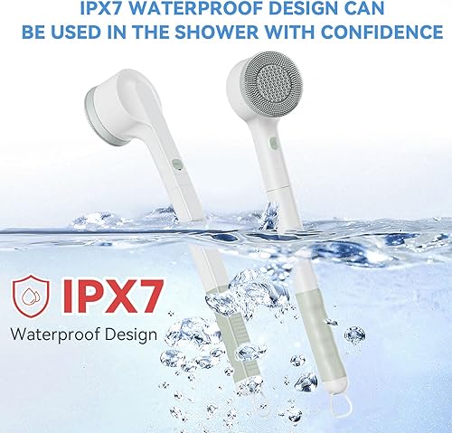 Miniatura 6 de Cepillo eléctrico para el cuerpo, limpiador de silicona recargable, IPX7 resistente al agua cepillo trasero con mango largo y 3 cabezales de cepillo