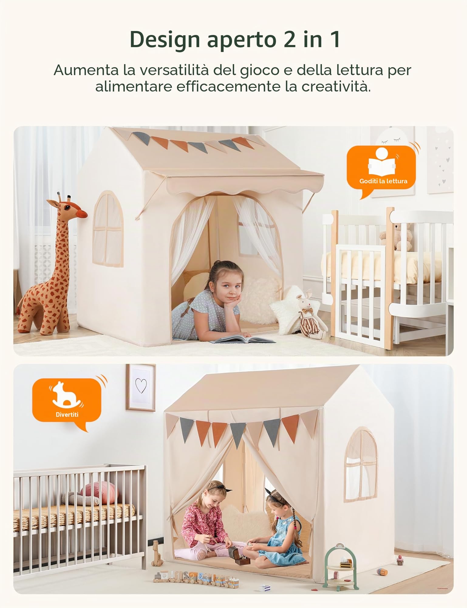 Besrey Tenda per Bambini 2-in-1, Tenda da Gioco con Tettoia per Interni ed Esterni, con Luci, Bandierine e Tappetino, Design Ampio per Lettura e Giochi Creativi - Regalo di Natale Ideale per Bambini