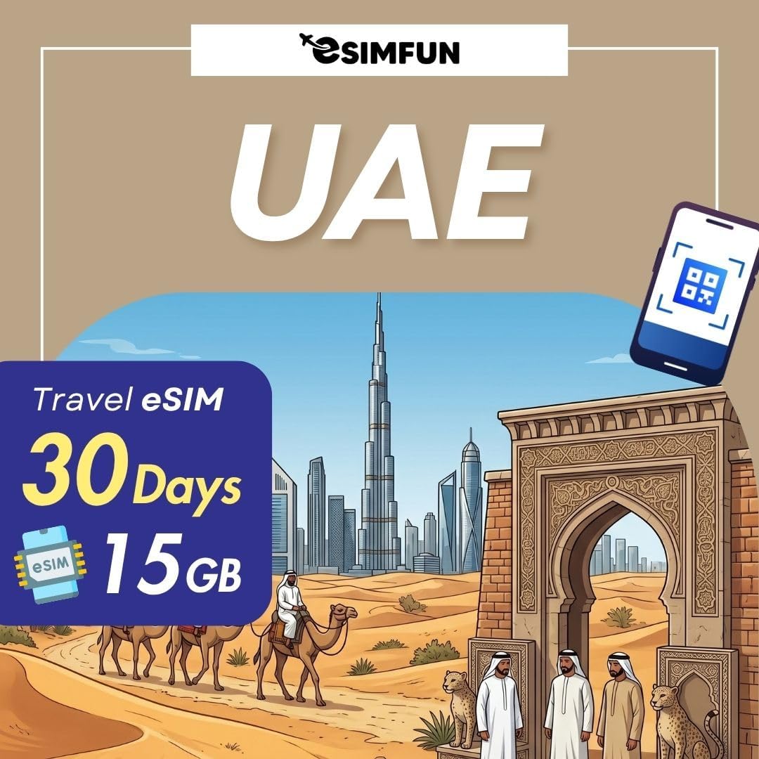 [eSIM] 5G Dubai eSIM 30 Days Unlimited Data | 15GB High-Speed 5G + Unlimited Data at Reduced Speed | Works in UAE (Dubai), Bahrain, Kuwait, Qatar | Hotspot tethering Supported | Ideal for Travelers