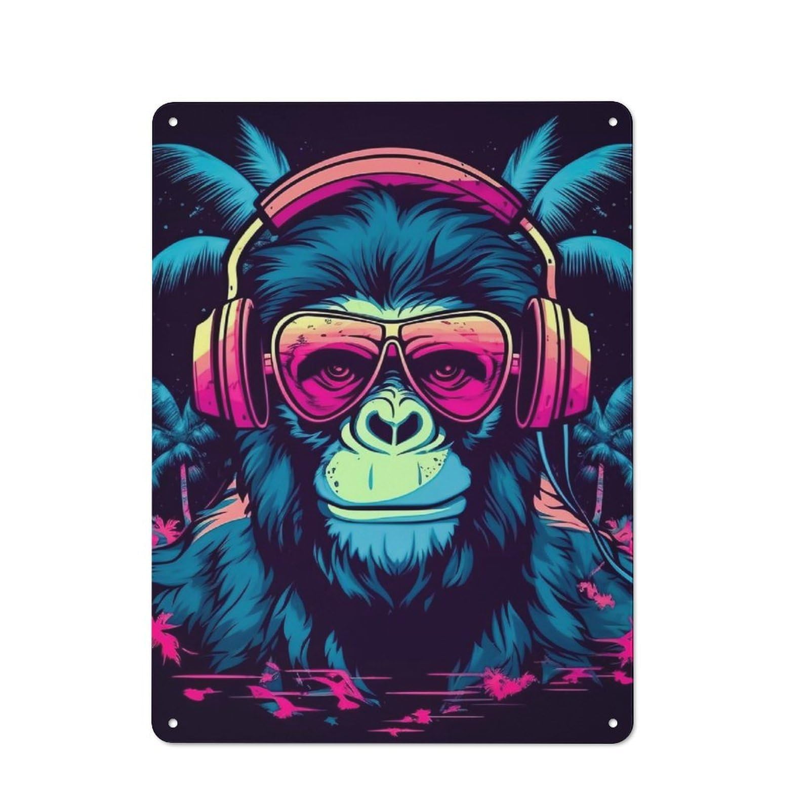 Junmoney Monkey Dj Music Tin Sign With Design 40X30cm, Vintage Shed Wall Decor For Greenhouse, Garden Room, Cafe Or Entryway