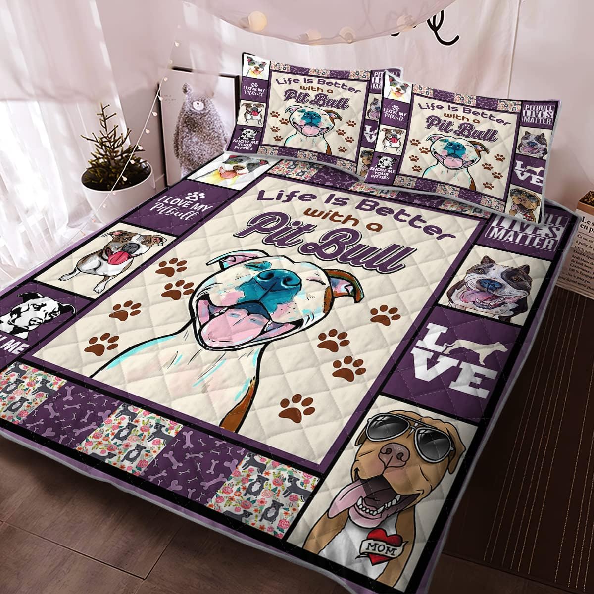 BEDMUST Dog Pit Bull Bedding Set Queen Size Cute Love