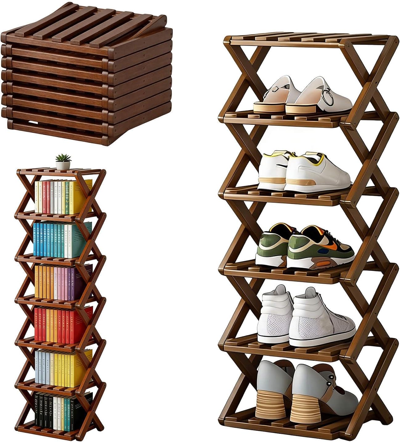 The 9-Tier Foldable Bamboo Shoe Rack, No-Tool Assembly Wooden Shoe Shelf for Entryway, Tall Skinny Standing Shoe Organizer with Collapsible Design for Small Spaces, Narrow Vertical Shoe Storage Rack