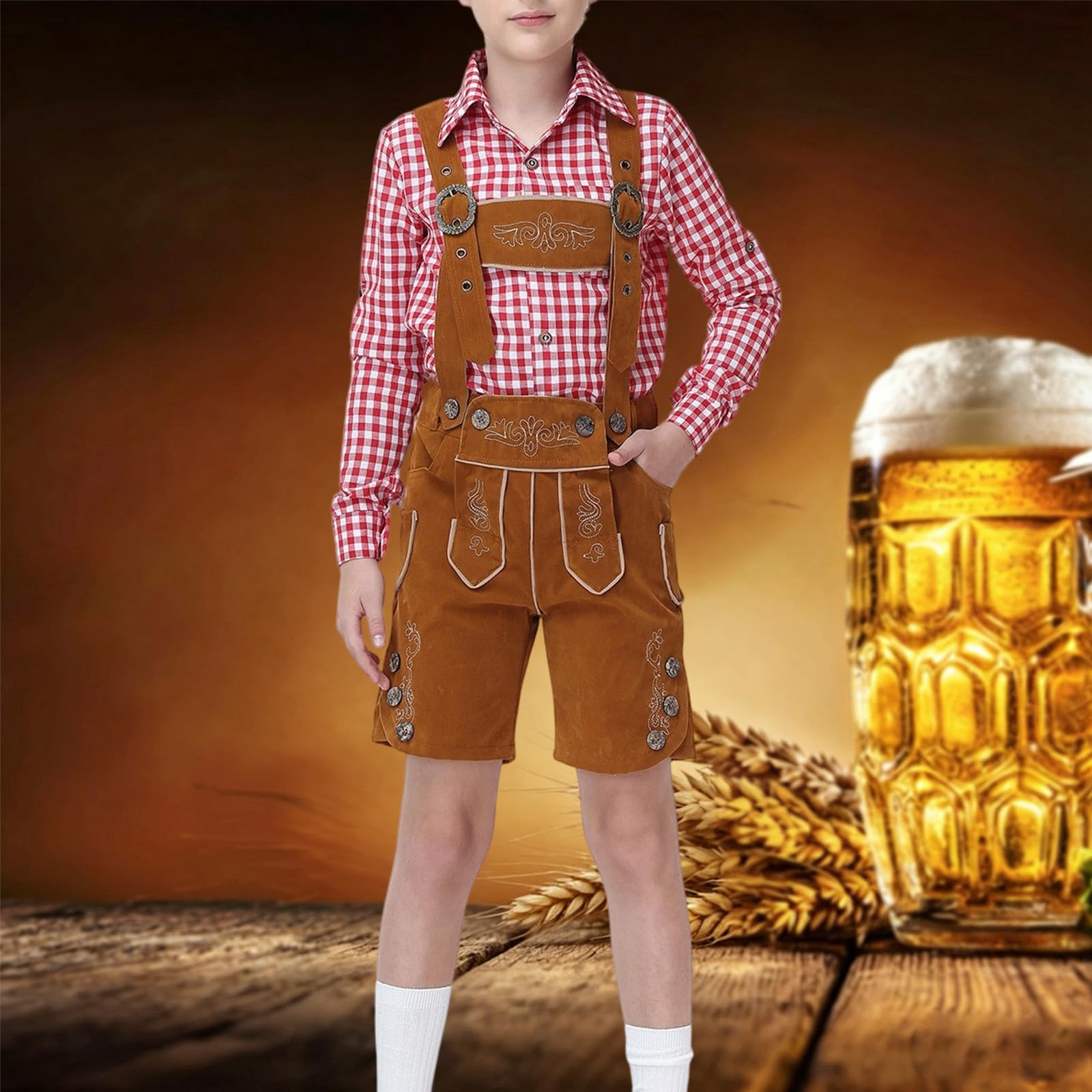 Generisch Kinder Lederhose Jungen Oktoberfest Outfit Kinder, Traditionelle Bayrische Trachtenhose Mit Hosenträger Aus Nubukleder Für Oktoberfest