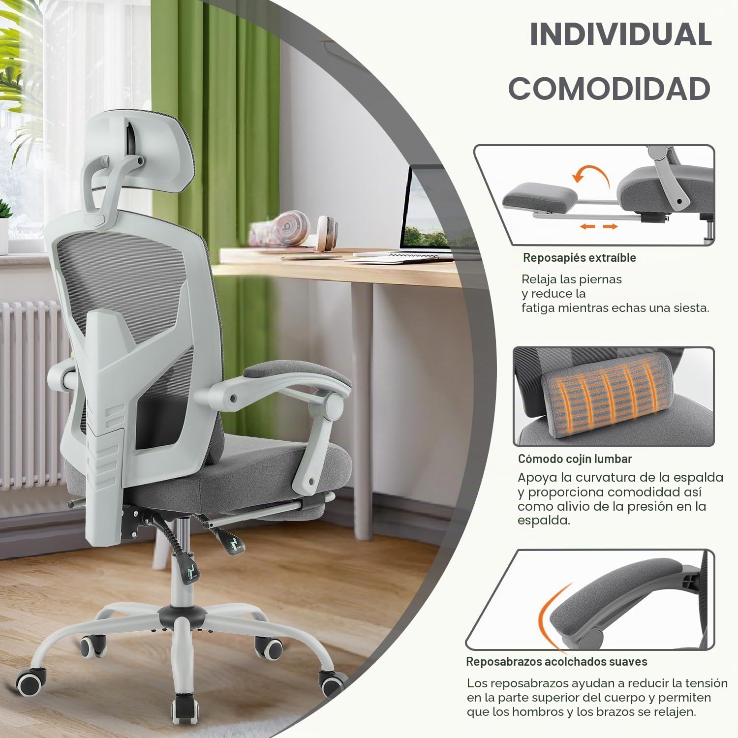 DUMOS Silla de Oficina Ergonómica: Adecuada para el hogar y la oficina, con Soporte Lumbar y Reposapiés, Gris